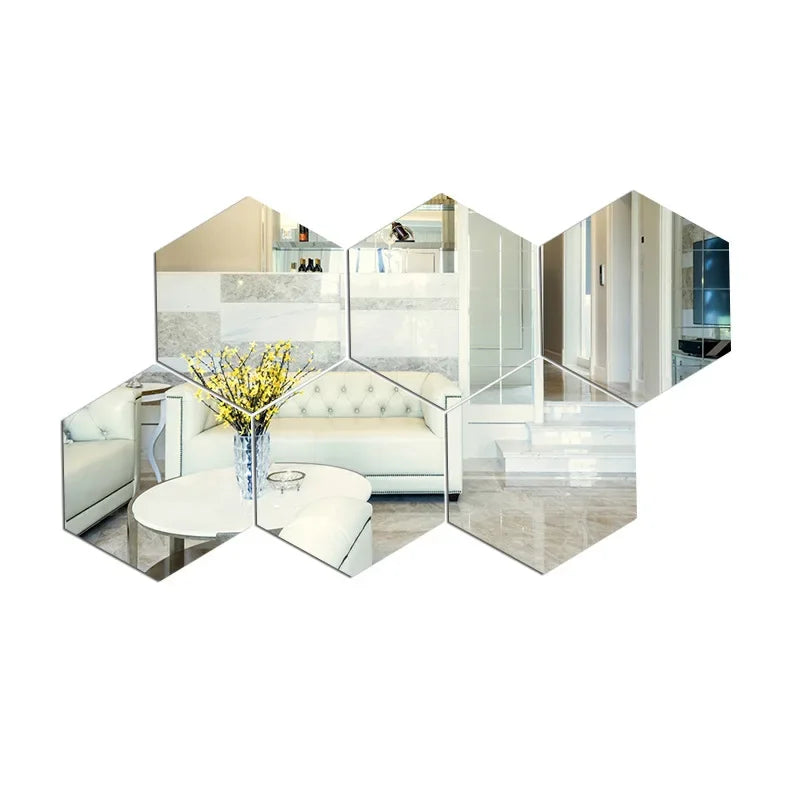 Luxury Decorative Mirror Hexagonal 6PCS Wall Stickers Modern Hexagon Mirror Tiles DIY Wall Decor for Living Room Bedroom Bathroom