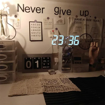 Digital Wall Clock 3D LED Modern Minimalist Large Display Clock USB Powered Silent Desk Clock with Night Light for Bedroom Living Room Office Home