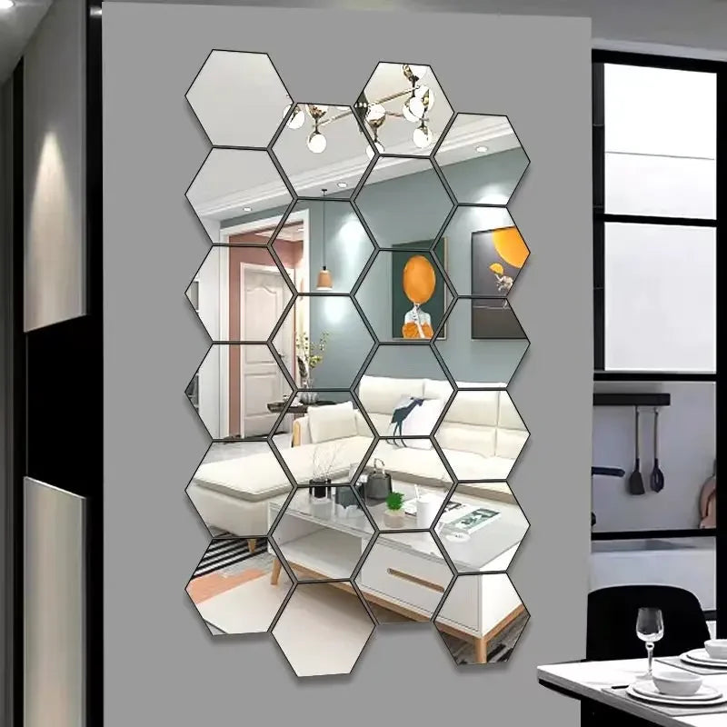Luxury Decorative Mirror Hexagonal 6PCS Wall Stickers Modern Hexagon Mirror Tiles DIY Wall Decor for Living Room Bedroom Bathroom