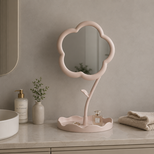 Vanity Mirror Decorative Mirror Flower Shape Tabletop Makeup Mirror with Tray Cute Desktop Mirror for Bedroom Bathroom Vanity Desk Home Decor